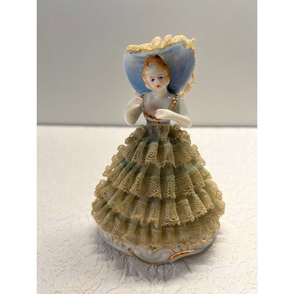 Vtg Royal Japan Lady Figurine Laced Lacy Pink Dress Large Hat Japan-Intact!